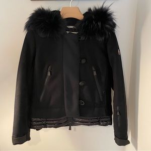 Moncler Grenoble wool short coat with fur trimmed hood - black and navy - sz L